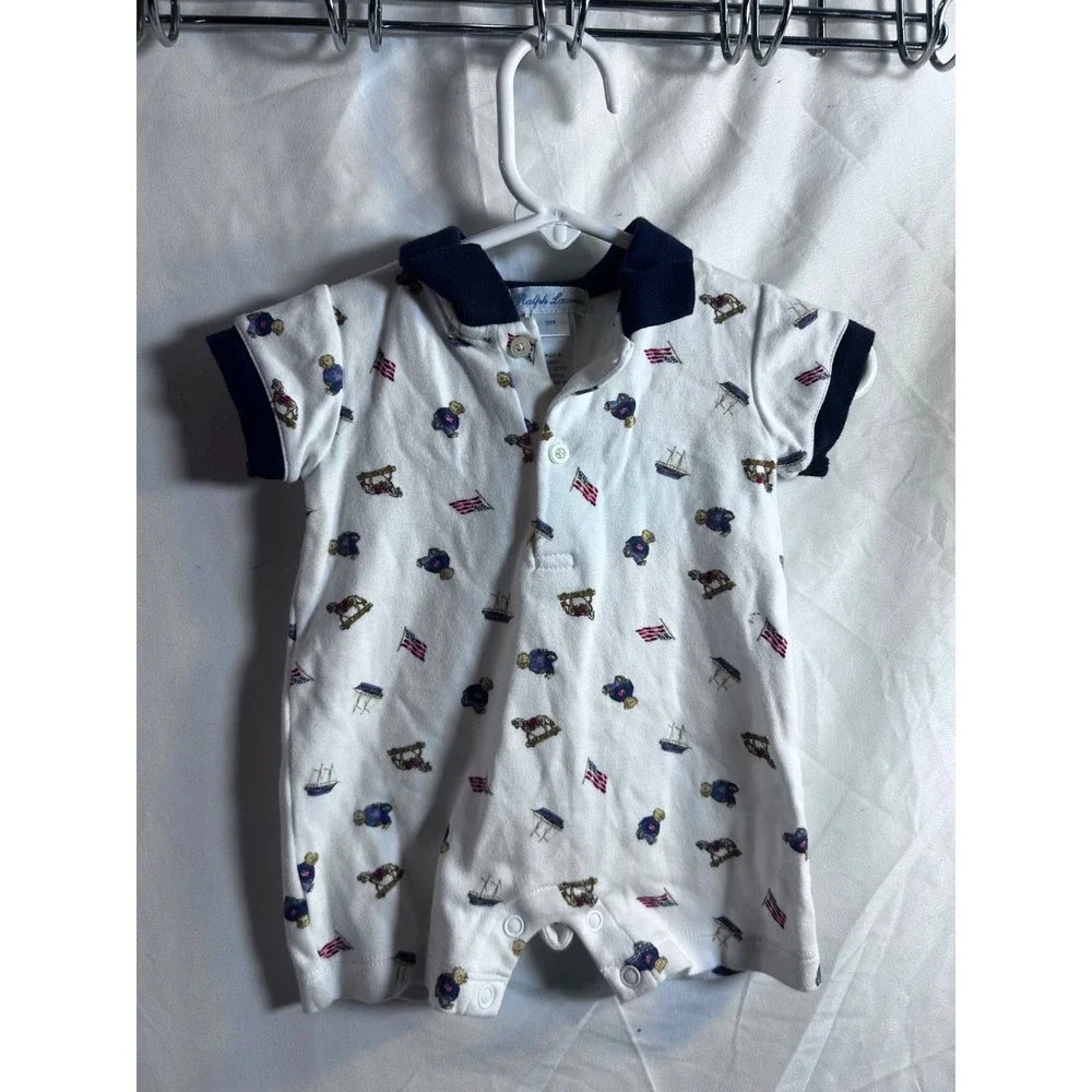 Ralph Lauren Polo Bear Romper 3M White Americana Print Baby Boy